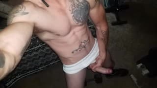 hot guy jerks of while wearing white briefs and cums