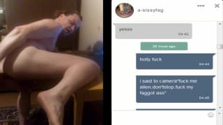 Loser boy in chastity get ass fucked and talk dirty while chat with gay lover