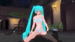 穿着泳衣的3DHENTAI Hatsune Miku在游泳池边骑着公鸡