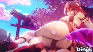 Yae Miko 和她的 Thicc Fat Ass Rides Traveler Side-Cowgirl Position - Genshin Impact Hentai Porn