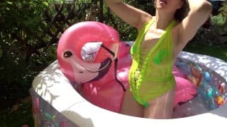 Lingerie Wet Haul  and ride an inflatable Flamingo