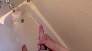 Teen with big cock jerking off in the shower POV