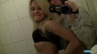 Naughty blonde flashes her ass in public while her boyfriend films