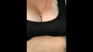 Nerdy girl with perfect boobs pulls her panties to the side and flashes her pink shaved pussy