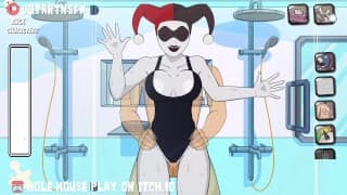 经典的 Harley Quinn 在淋浴时对着玻璃做爱 - Hole House 游戏