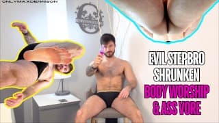 Evil stepbro shrunken body worship & ass vore