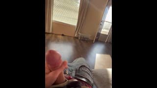 Risky!Stroking with door and blinds open