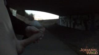 Caught(?) by a passing by car & Risky cumload under a sidewalk bridge