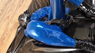 OnlyFans teaser - Blue latex catsuit with integrated vaginal and anal condoms!