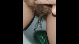 Yellow Piss into Blue makes a Green Mix 💦 Hairy Pussy's Watersports in the Toilet