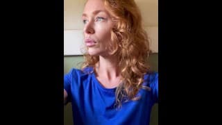 Redhead gives seductive look, finger fellatio, panties up between my plump labia, then pussy reveal