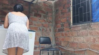 My slutty neighbor in the yard showing her pussy - under her dress
